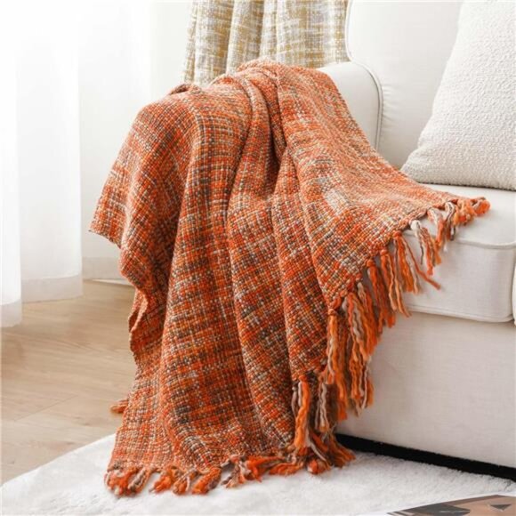 BATTILO HOME Rust Orange Throw Blanket for Couch, Bed, Boho Colorful Throw - Picture 4 of 8
